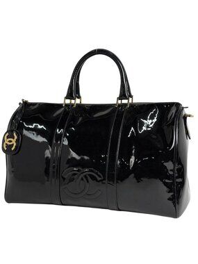 Chanel CC Logo Boston Bag 2-Way Enamel Patent Leather Black